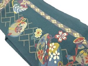 縮緬地金彩帆船に巾着・笠・花々模様名古屋帯